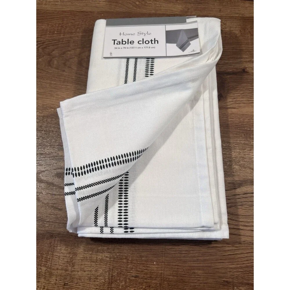 Home Style Rectangular Tablecloth 54 x 70 White/Black Stripe 100% Cotton